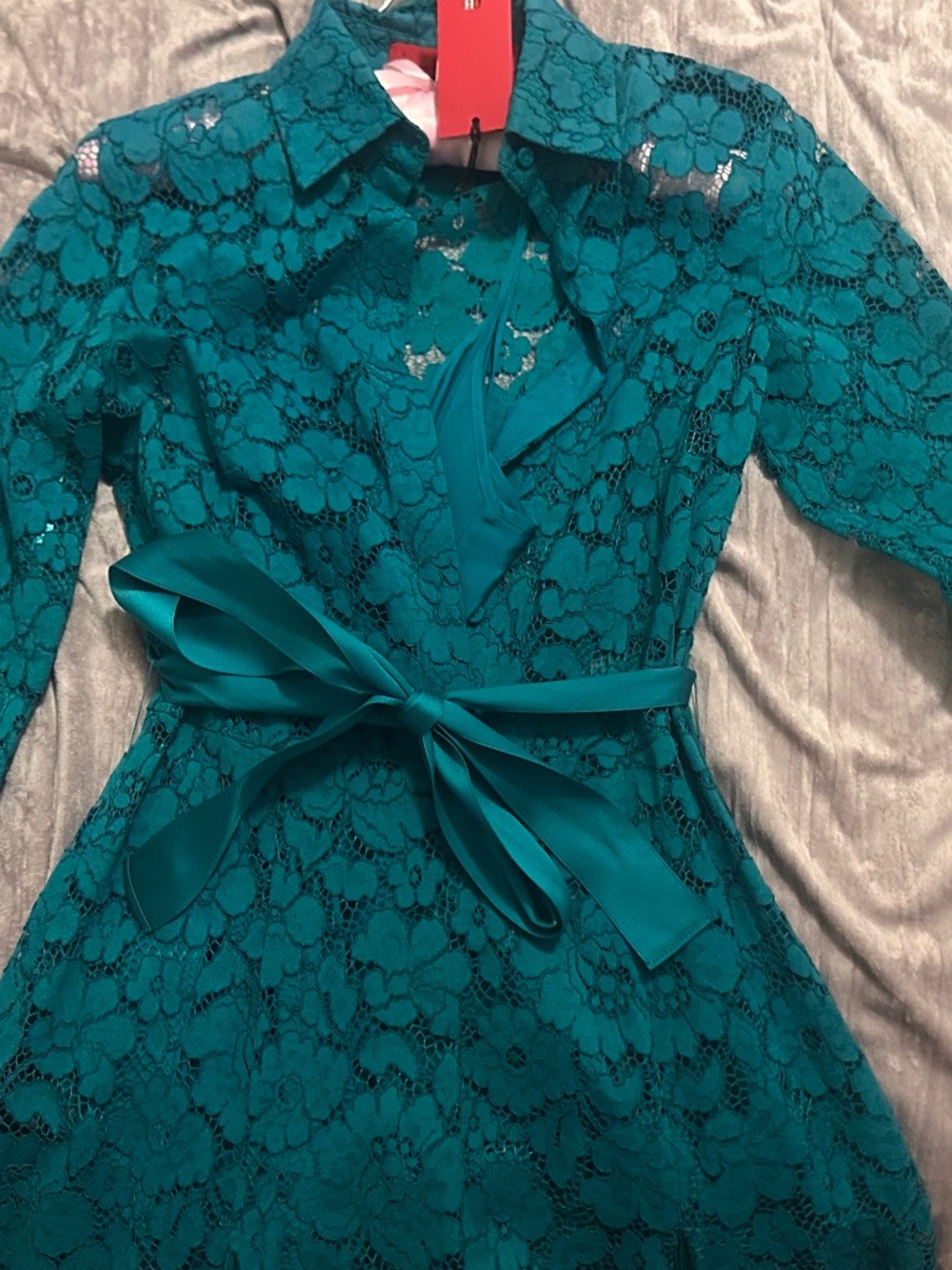 Carolina Herrera Teal Lace & Pleated Stunning Romantic Dress